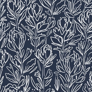 Floral Linework - Navy and White - Large Scale