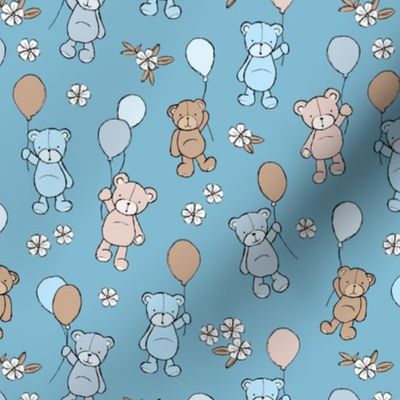 Little happy birthday balloon teddy bear design for kids nursery freehand bears and balloon design on blue classic blue