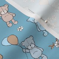 Little happy birthday balloon teddy bear design for kids nursery freehand bears and balloon design on blue classic blue