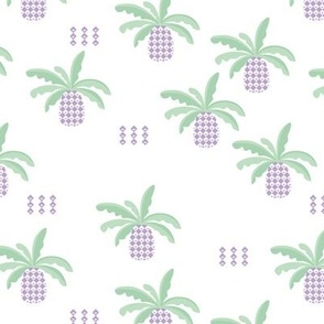 Abstract pineapple fruit and dots ethnic garden design in light sage green and purple lilac palette on white