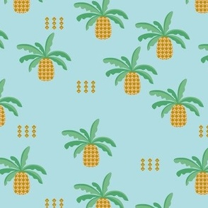 Abstract pineapple fruit and dots ethnic garden design in green and golden summer palette on faded baby blue