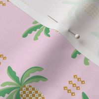 Abstract pineapple fruit and dots ethnic garden design in green and brown beige palette on pink
