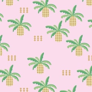 Abstract pineapple fruit and dots ethnic garden design in green and brown beige palette on pink