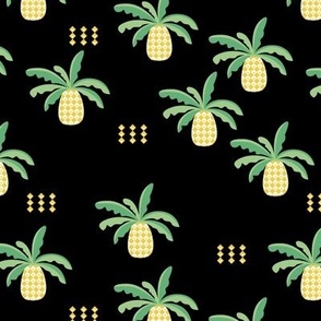 Abstract pineapple fruit and dots ethnic garden design in green and yellow beige palette on black