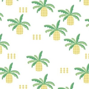 Abstract pineapple fruit and dots ethnic garden design in green and summer yellow palette on white