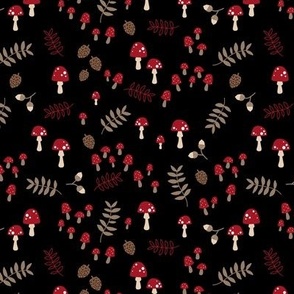 Little abstract autumn mushrooms leaves and acorns design in red white and hazelnut on black