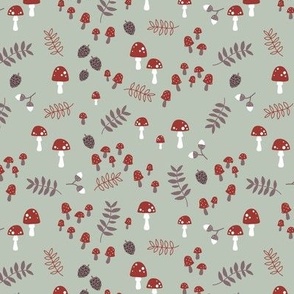 Little abstract autumn mushrooms leaves and acorns design in red white and hazelnut on sage green