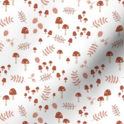 Little abstract autumn mushrooms leaves and acorns design in pink red palette on white 
