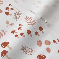 Little abstract autumn mushrooms leaves and acorns design in pink red palette on white 