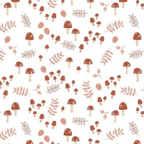 Little abstract autumn mushrooms leaves and acorns design in pink red palette on white 