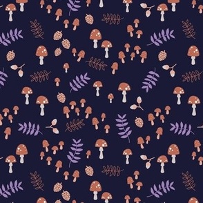 Little abstract autumn mushrooms leaves and acorns design in brown caramel beige and lilac on navy blue