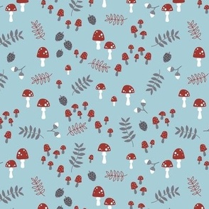 Little abstract autumn mushrooms leaves and acorns design in red white and hazelnut on baby blue