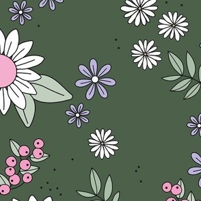 Sunflowers leaves and daisies garden in pink mint lilac on dark olive green Summer vulva. coordinate