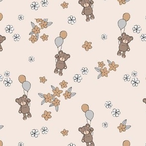 Cute festive raw freehand teddy bear with balloons and ditsy flowers in grey hazelnut beige vintage palette on latte