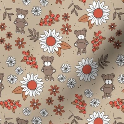 Sweet teddy bears kids stuffed animals theme with sunflowers and daisies nursery design beige tan red 