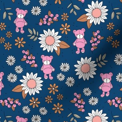 Sweet teddy bears kids stuffed animals theme with sunflowers and daisies nursery design pink caramel blush on navy blue