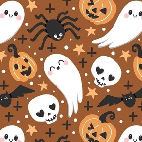 cute Halloween kawaii brown , Halloween ghost pumpkin fabric WB21
