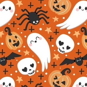 cute Halloween kawaii deep orange , Halloween ghost pumpkin fabric WB21