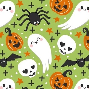 cute Halloween kawaii green , Halloween ghost pumpkin fabric WB21