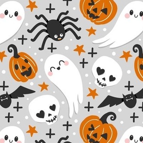 cute Halloween kawaii light gray , Halloween ghost pumpkin fabric WB21