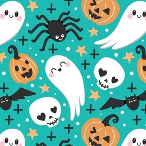 cute Halloween kawaii turquoise green, Halloween ghost pumpkin fabric WB21