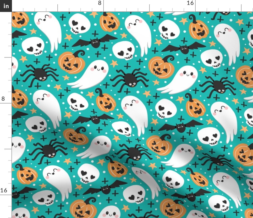 cute Halloween kawaii turquoise green, Halloween ghost pumpkin fabric WB21