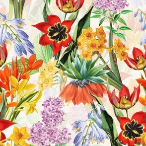 14" Nostalgic Springflowers Garden Vintage Tulips Bouquets,  Antique Daffodils Flowers Fabric, Vintage Iris Lilacs Flower for upholstery and home decor, white double layer
