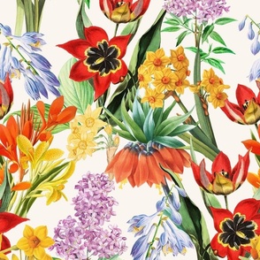 14" Nostalgic Springflowers Garden Vintage Tulips Bouquets,  Antique Daffodils Flowers Fabric, Vintage Iris Lilacs Flower for upholstery and home decor, off white