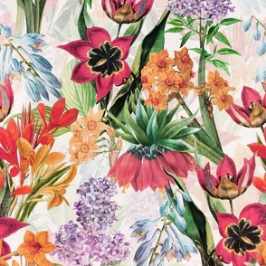 14" Nostalgic Springflowers Garden Vintage Tulips Bouquets,  Antique Daffodils Flowers Fabric, Vintage Iris Lilacs Flower for upholstery and home decor, off white double layer
