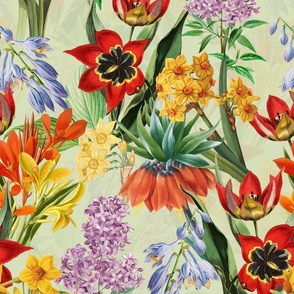 14" Nostalgic Springflowers Garden Vintage Tulips Bouquets,  Antique Daffodils Flowers Fabric, Vintage Iris Lilacs Flower for upholstery and home decor, light green double layer