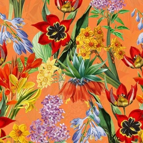 14" Nostalgic Springflowers Garden Vintage Tulips Bouquets,  Antique Daffodils Flowers Fabric, Vintage Iris Lilacs Flower for upholstery and home decor, sunny orange double layer