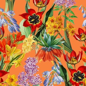 14" Nostalgic Springflowers Garden Vintage Tulips Bouquets,  Antique Daffodils Flowers Fabric, Vintage Iris Lilacs Flower for upholstery and home decor, sunny orange