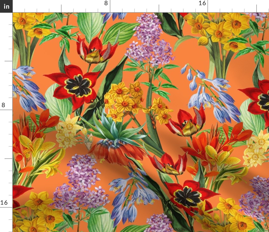 14" Nostalgic Springflowers Garden Vintage Tulips Bouquets,  Antique Daffodils Flowers Fabric, Vintage Iris Lilacs Flower for upholstery and home decor, sunny orange