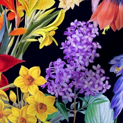 14" Nostalgic Springflowers Garden Vintage Tulips Bouquets,  Antique Daffodils Flowers Fabric, Vintage Iris Lilacs Flower for upholstery and home decor, night black
