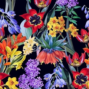 14" Nostalgic Springflowers Garden Vintage Tulips Bouquets,  Antique Daffodils Flowers Fabric, Vintage Iris Lilacs Flower for upholstery and home decor, night black