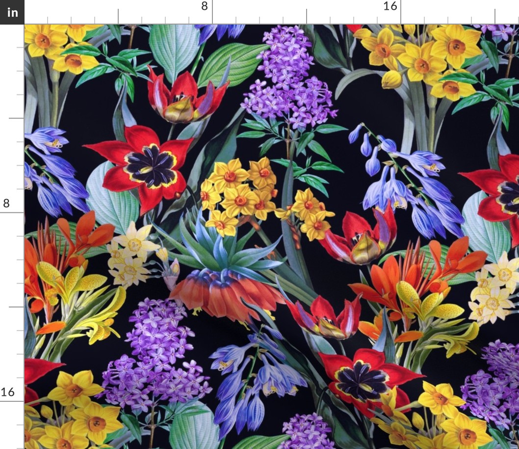 14" Nostalgic Springflowers Garden Vintage Tulips Bouquets,  Antique Daffodils Flowers Fabric, Vintage Iris Lilacs Flower for upholstery and home decor, night black