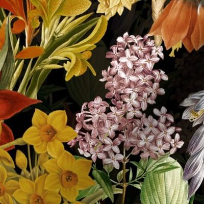 14" Nostalgic Springflowers Garden Vintage Tulips Bouquets,  Antique Daffodils Flowers Fabric, Vintage Iris Lilacs Flower for upholstery and home decor, sepia tanned black 