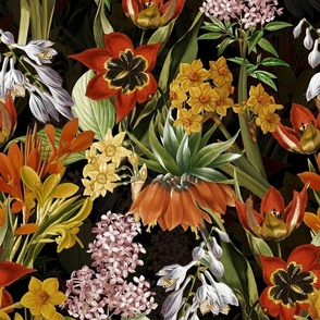 14" Nostalgic Springflowers Garden Vintage Tulips Bouquets,  Antique Daffodils Flowers Fabric, Vintage Iris Lilacs Flower for upholstery and home decor, sepia tanned black 