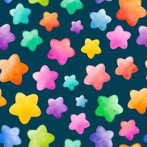 Large Scale Colorful Watercolor Stars on Navy