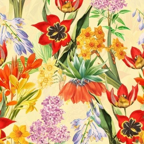 14" Nostalgic Springflowers Garden Vintage Tulips Bouquets,  Antique Daffodils Flowers Fabric, Vintage Iris Lilacs Flower for upholstery and home decor, vanilla yellow double layer