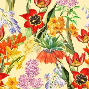 14" Nostalgic Springflowers Garden Vintage Tulips Bouquets,  Antique Daffodils Flowers Fabric, Vintage Iris Lilacs Flower for upholstery and home decor, vanilla yellow 