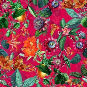 Vintage tropical flowers, exotic fruits,  green Leaves and  colorful antique blossoms, Nostalgic passionflower fabric, - double layer - magenta pink