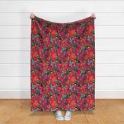 Vintage tropical flowers, exotic fruits,  green Leaves and  colorful antique blossoms, Nostalgic passionflower fabric, - magenta pink