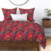 Vintage tropical flowers, exotic fruits,  green Leaves and  colorful antique blossoms, Nostalgic passionflower fabric, - magenta pink