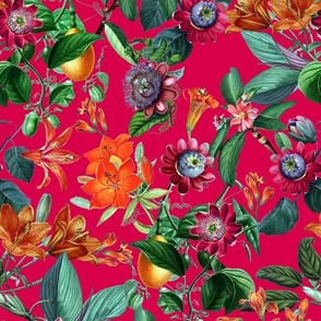 Vintage tropical flowers, exotic fruits,  green Leaves and  colorful antique blossoms, Nostalgic passionflower fabric, - magenta pink