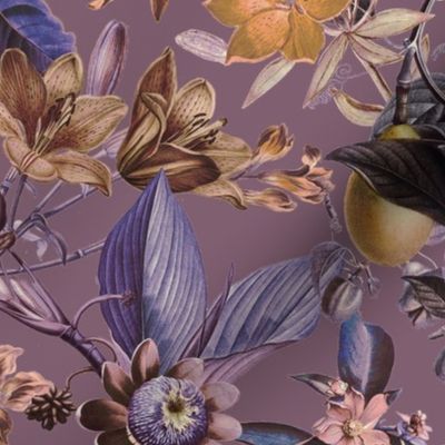 Vintage tropical flowers, exotic fruits,  green Leaves and  colorful antique blossoms, Nostalgic passionflower fabric, - purple sepia 