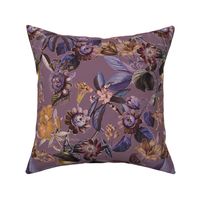 Vintage tropical flowers, exotic fruits,  green Leaves and  colorful antique blossoms, Nostalgic passionflower fabric, - purple sepia 