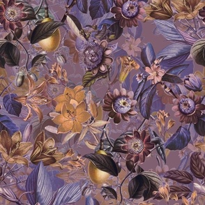 Vintage tropical flowers, exotic fruits,  green Leaves and  colorful antique blossoms, Nostalgic passionflower fabric, - double layer - purple sepia 