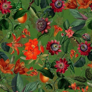 Vintage tropical flowers, exotic fruits,  green Leaves and  colorful antique blossoms, Nostalgic passionflower fabric, - double layer - dark green