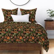 Vintage tropical flowers, exotic fruits,  green Leaves and  colorful antique blossoms, Nostalgic passionflower fabric, - double layer - black